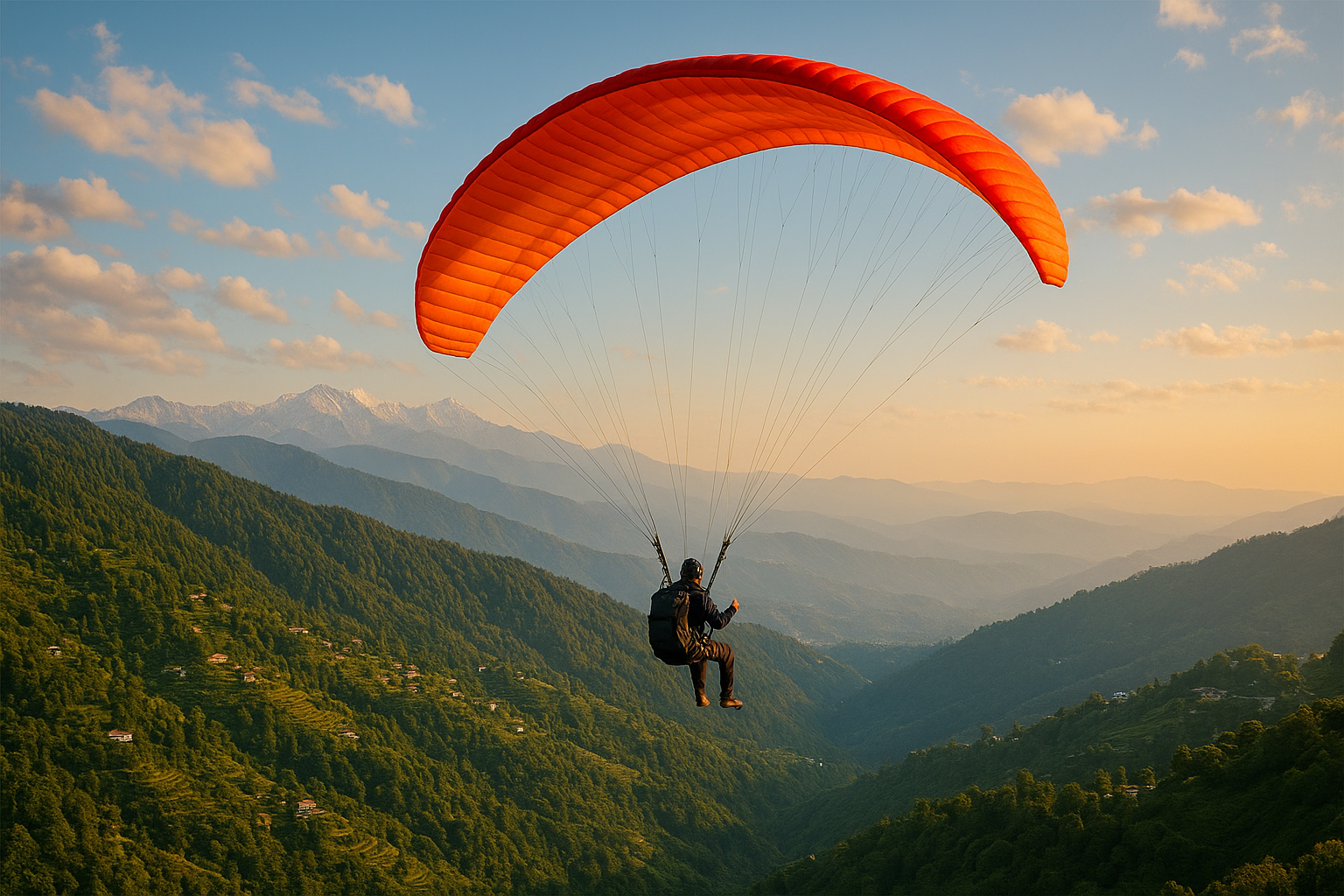 Winter paragliding in Dharamshala with snowy Himalayas